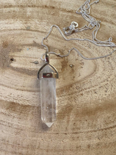Clear Quartz Crystal Pendant - Sterling Silver Chain and cladding